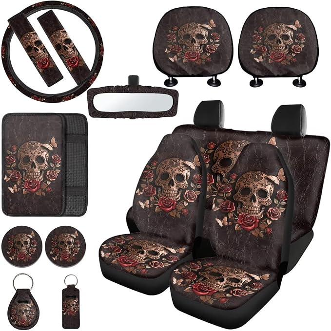 Skull Rose Printed Car Seat Cover Full Set with Steering Wheel Cover Armrest Pads Leather Lipstick Holder Keychain Car Coaster Non Slip Auto Accessories Set, 15 Pack, Brown