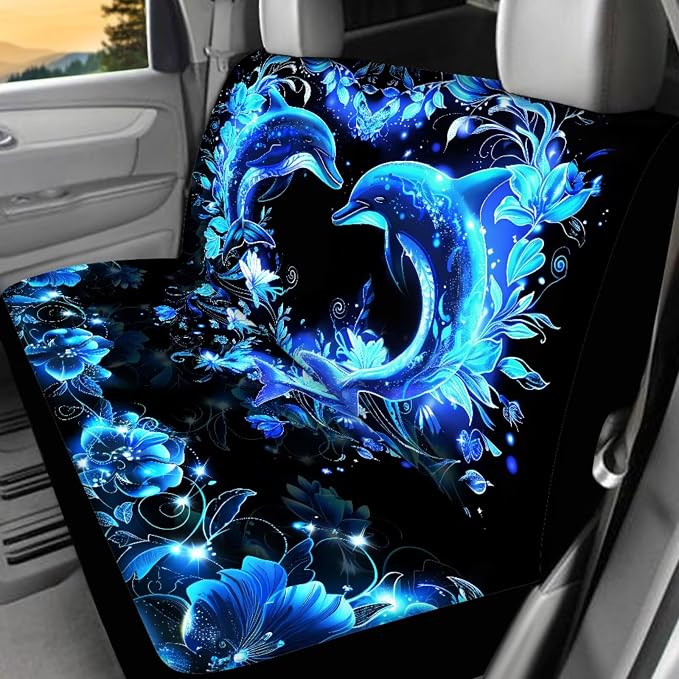 Neon Dolphin Car Accessories Full Set of 17 Pack,Blue Dolphin Car Seat Covers Sets with Front and Rear Bench,Steering Wheel Cover,Seat Belt Shoulder Pad,Key Chain Universal Car Floor Mats Set