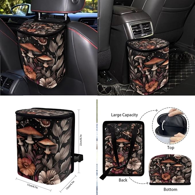 Mushroom Butterfly Flower Pattern Car Seat Covers Full Set, 10Pcs Car Accessories Steering Wheel Cover + Keychain + Coasters + Car Trash Bin + Air Vent Pounch Bag for Women Men