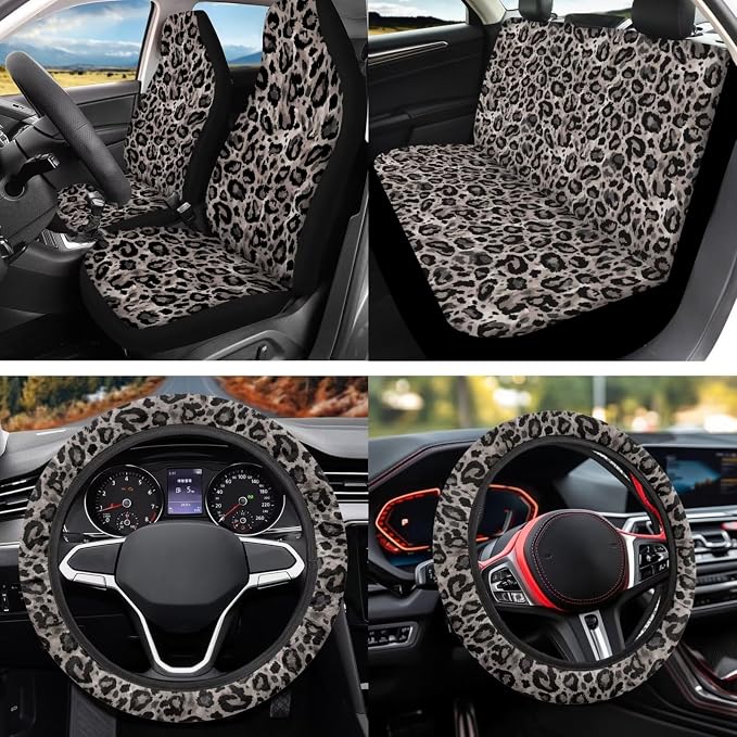 Gray Leopard Print 12 Pack Car Seat Covers Full Set with Steering Wheel Accessories Car Seat Belt Cover Arm Rest Cover Car Cup Coasters Universal Fit for Most Cars,SUVs