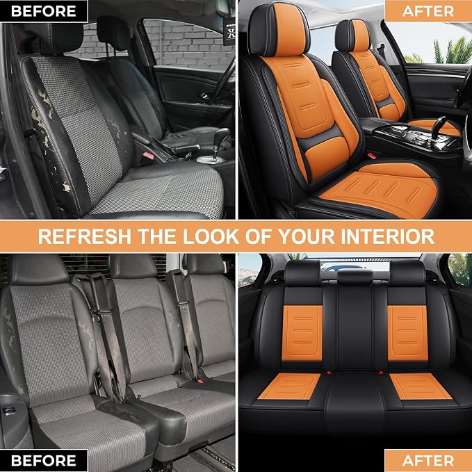 otoez Nappa Leather Car Seat Covers Full Set, Breathable Leather Automotive Seat Covers Front & Rear Seat Protectors with Lumbar Support, Universal Fit for Most Cars SUV Truck Sedan(Black+Orange)