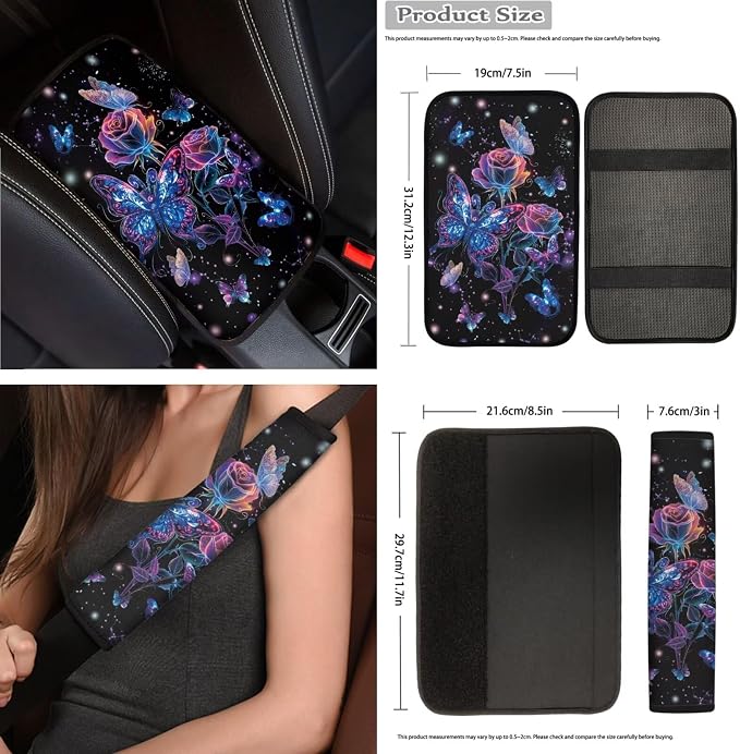 Moon Galaxy Butterfly Car Seat Covers Full Set 15 Pcs Universal Car Accessories Steering Wheel Cover Seat Belt Pads Garbage Bag Car Headrest Pillow Covers Armrest Pad