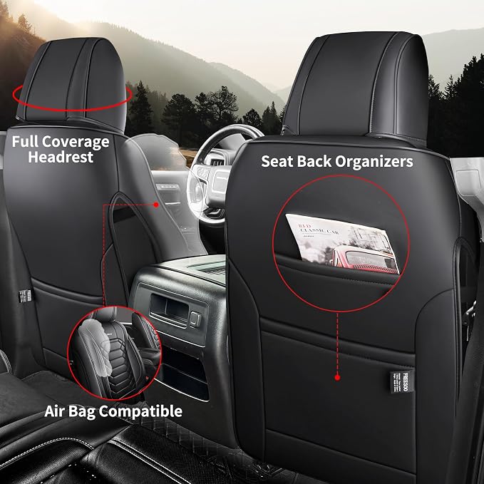 FREESOO for Silverado 2014-2018 2 Front Seat Covers, Fit for Chevy Silverado GMC Sierra 1500 2500 3500 Crew Cab Waterproof Truck Seat Covers Black