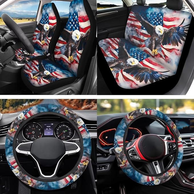 Eagle Flag 12 Pcs Car Seat Covers Full Set with Auto Steering Wheel Cover Armrest Cushion Protector Seat Belt Covers Automotive Interior Sets Universal Fit for Cars SUV