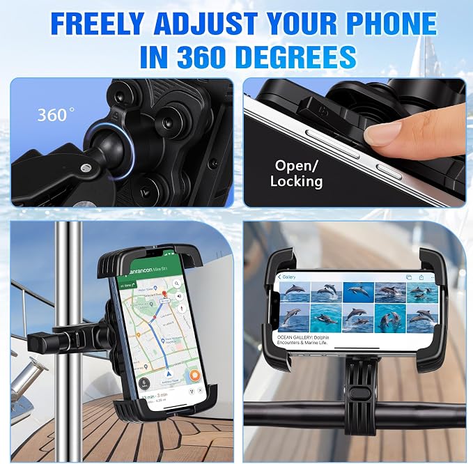Tellegloww 1 Pack Boat Phone Holder, Marine Cell Phone Holder No Sunshade, Black 360 Degree Adjustable Knob Crab Clamp, Smartphone Accessory for Boat Rail, Car, Cycling, Pontoon and Outdoor Use