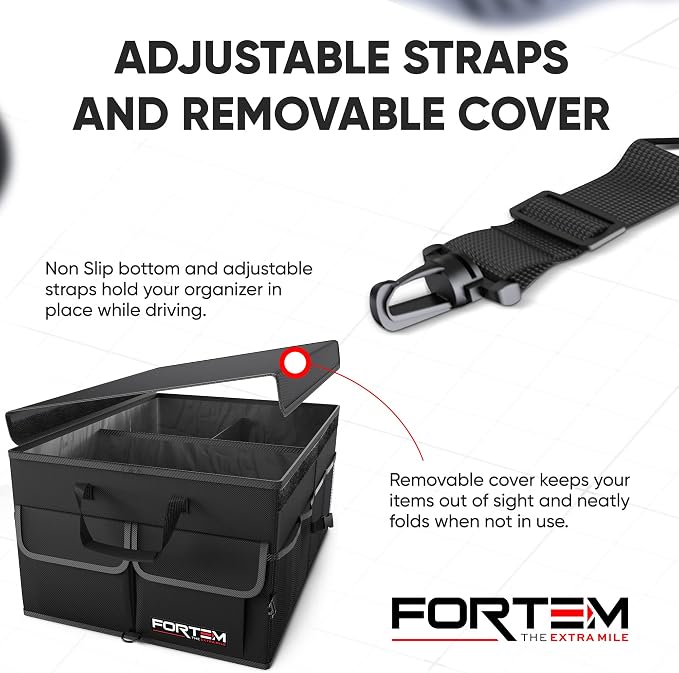 FORTEM Car Trunk Organizer (Black, Standard) + Ratchet Straps