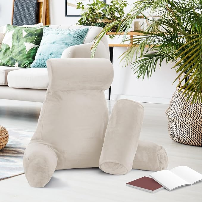 Nestl Reading Pillow with Shredded Memory Foam Includes 2 Neck and Lumber Support Pillows, Designed for Sitting Up in Bed and Couch, Back and Arms Adjustable Support for Adult & Teens, Linen