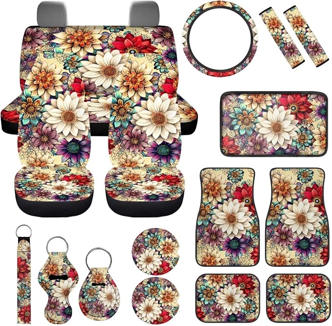 Hippie Lotus Car Seat Covers Full Sets with Front and Split Rear Bench Steering Wheel Cover Car Floor Mats Set of 4 Mandala Lotus Car Accessories Set 17 Pcs Universal Fit for Most Car SUV