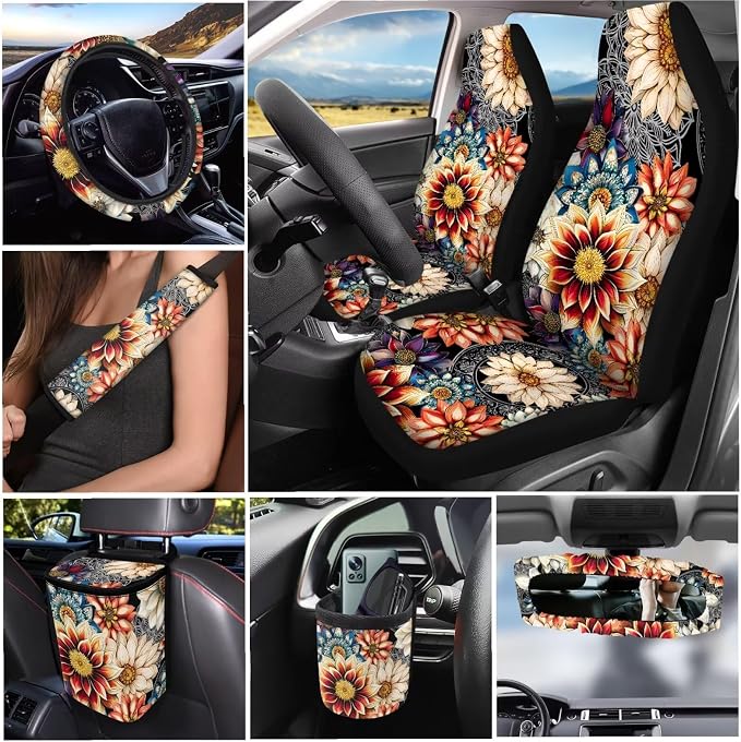 Dreaweet Mandala Lotus Car Seat Covers Full Set for Women Flower Car Accessories Interior with Steering Wheel Covers Seatbelt Covers Coaster Trash Can Air Vent Holder Rear View Mirror Cover Keychain