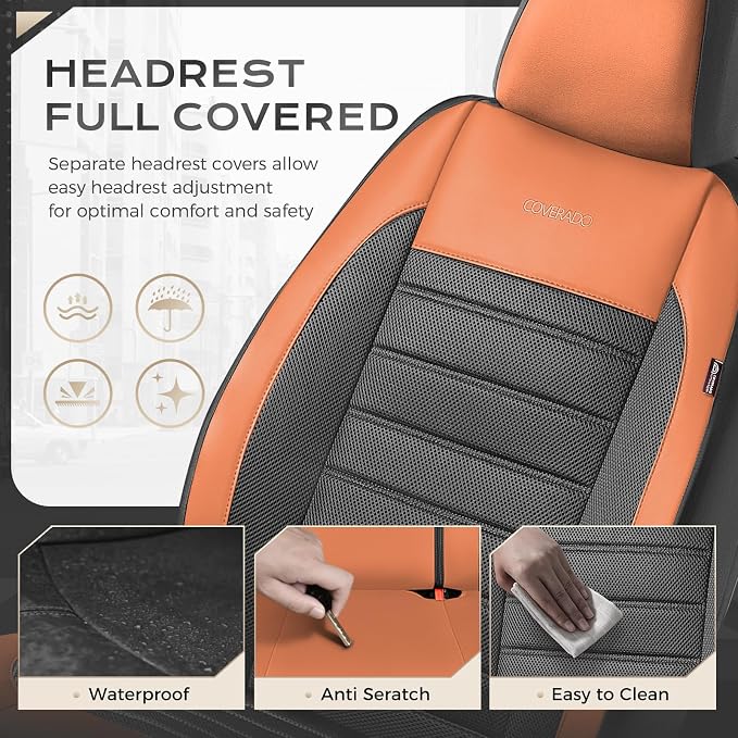 Coverado Car Seat Covers Full Set, Luxury Leather Car Seat Protector, Automotive Front and Rear Mesh Seat Covers, Full Set 5 Seats, Orange&Black Seat Cushion for SUV Sedan Truck
