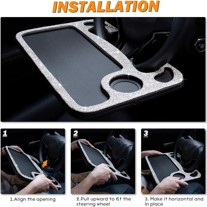 eing Car Trash Can with Lid,Mini Car Dustbin Garbage Organizer & Bling Auto Steering Wheel Desk