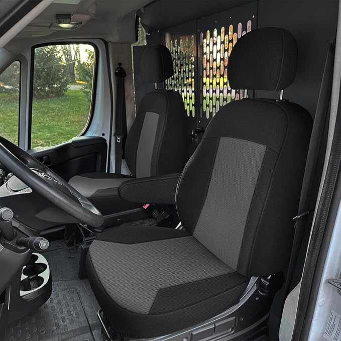 Front Bucket Seat Covers Compatible with 2013-2020 Dodge Ram Promaster Van, Armrest on Drivers Only, Breathable Automotive Cover Cushion Accessories, Black and Charcoal