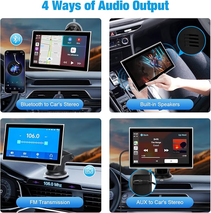 Carplay Screen for Car，7" Portable Wireless Carplay & Android Auto - HD Touchscreen Car Play with Bluetooth, Mirror Link, Live Map,Voice Control, FM Transmit (Silver)