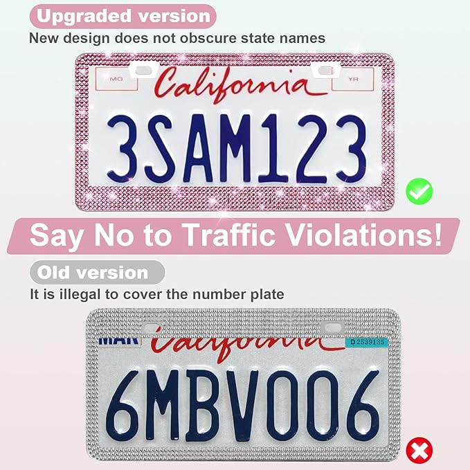 QUANQIUFEI 2 Pack Bling License Plate Frames for Women, Sparkly Rhinestone Diamond Car Accessories with Glitter Crystal Caps (Dark Pink)