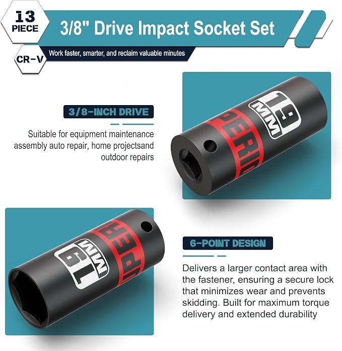 13 Piece 3/8" Drive Impact Socket Set, 7 mm-19 mm Deep Socket, Metric, 6 Point, Automotive Motorcycle and Bicycle Maintenance, Machinery Manufacturing