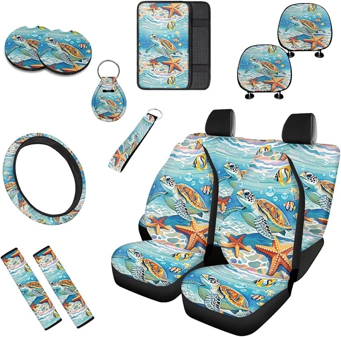 13 Pcs Car Seat Covers, Under Water Sea Turtle Front and Rear Split Bench Seat Covers for Cars, Tortoise Starfish Tropical Fish Cup Mat Armrest Pad Seat Belt Cover
