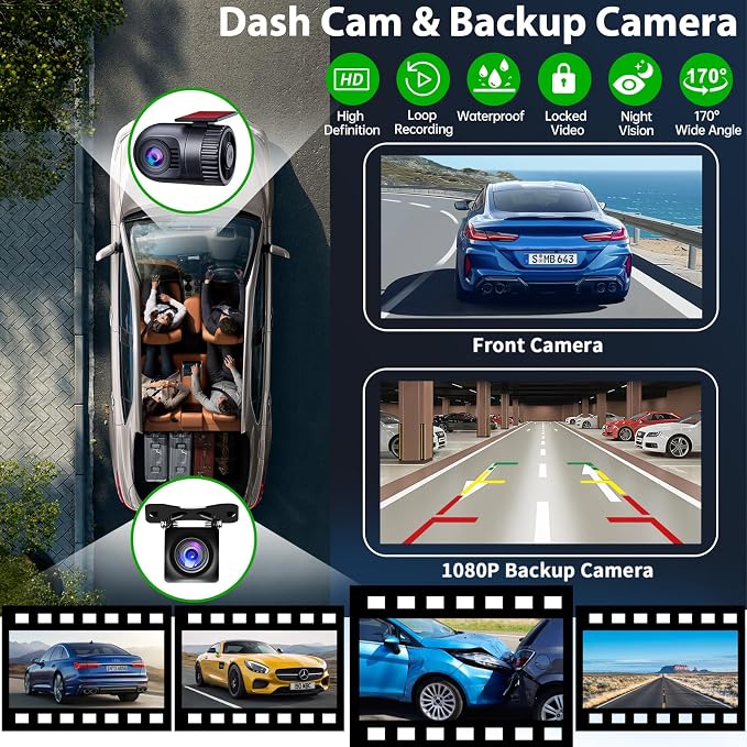 SJoyBring [QLED Screen Upgrade] 7" Double Din Car Stereo with Dash Cam, Wireless Apple CarPlay and Android Auto, Bluetooth, 240W 4.2-Channel Audio Output, MirrorLink, Backup Camera, AM/FM Car Radio