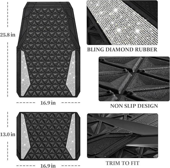 CAR PASS Bling Diamond Car Mats Rubber Floor Mats Full Set Anti-Slip 3D Rhombus Waterproof Trim to Fit Liner Universal Glitter Crystal Sparkly Shining Rhinestone Girl Women SUV Sedan, Silver Diamond