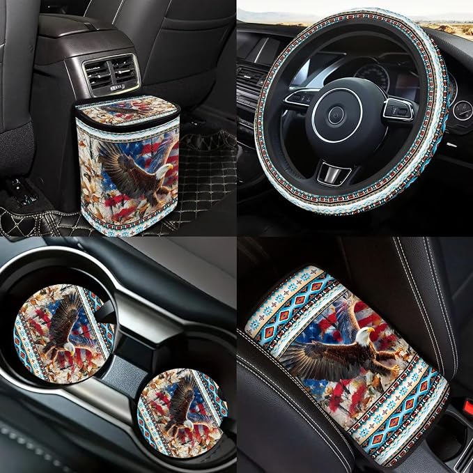 American Flag Eagle Car Seat Covers Full Sets 18 Pcs Aztec Tribal Car Accessories Set with Car Seat Belt Pads Cover Universal Fit Car Headrest Covers Car Trash Can Steering Wheel Wrap
