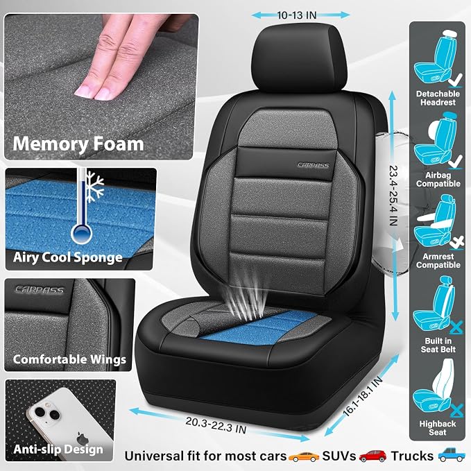 CAR PASS Memory Foam Seat Covers Front, Airy Cool Mesh Thick Car Seat Covers, Leather Car Seat Covers Front Seats Airbag Compatible, Universal Automotive Comfort for Cars, Trucks, SUV, Gray and Black