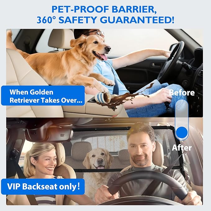 Dog Barrier for Truck, 56" Dog Car Barrier Behind Front Seat, Escape-Proof Back Seat Divider & Trunk Cargo Gate, Durable Heavy Duty Pet Gate Net for Truck, SUV & Large Vehicles