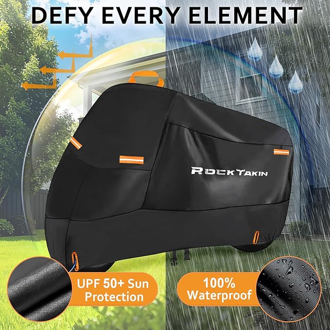 ROCKTAKIN 300D Heavy Duty Motorcycle Cover, Waterproof All Season Outdoor Protection with 4 Reflective Strips & Lock Holes, Fits Most Cruisers, Touring Bikes and Scooters up to 116"