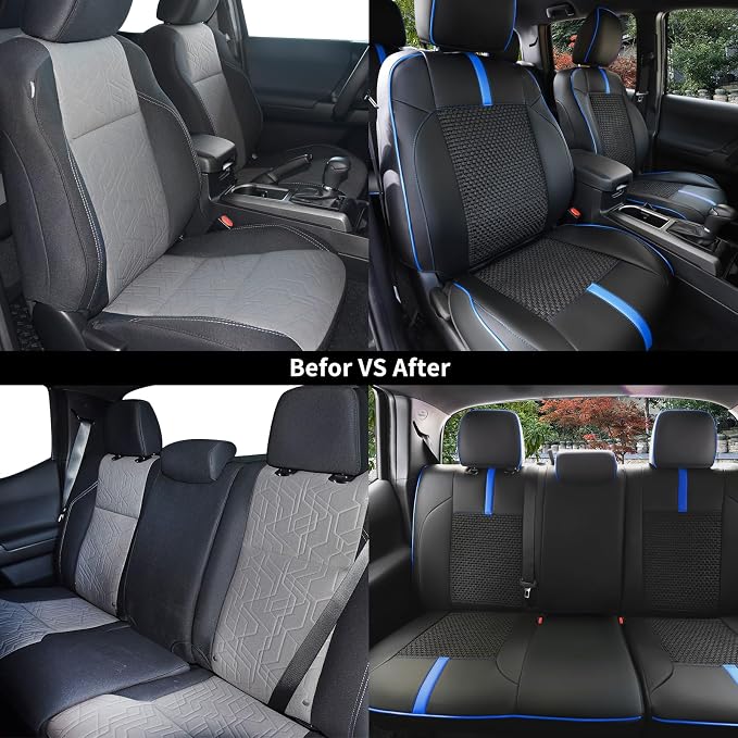 Seat Covers Custom Fit for Toyota Tacoma 2016-2023 3rd Gen Double & Crew Cab SR,SR5,Limited,TRD Pro,TRD Sport, TRD Off-Road,Full Coverage Breathable Leather Seat Covers (Full Set,Blue Black)