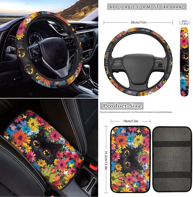 18Pcs Cute Cat Car Seat Cover Sets Full Set Hippie Center Console Cover+Steering Wheel Protector+Seat Belt Covers+Handbrake Protector+Car Cup Mats+Keychain+Headrest Covers Universal fit