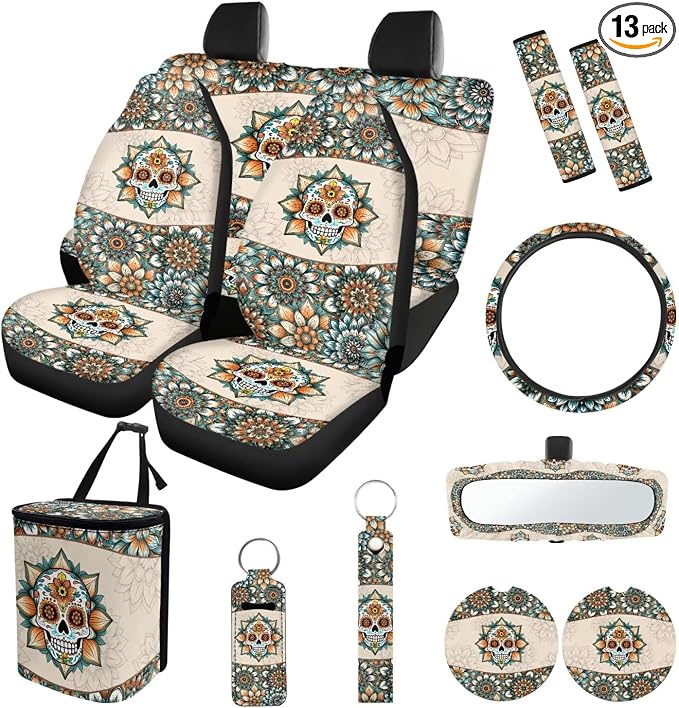 Suobstales Boho Mandala Sugar Skull Print Car Seat Covers Set of 13 with Universal Steering Wheel Cover, Rearview Mirror Cover, Car Trash Can, Seatbelt Pads, Cup Holder Coasters, Keychains
