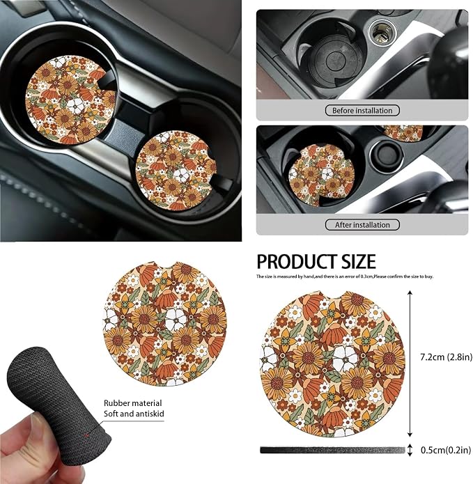 Vintage Sunflower Daisy Print Car Seat Covers 15Pcs Full Set Car Steering Wheel Cover Seat Belt Cover Trash Bin Air Vent Storage Box Rear View Mirror Car Cup Holder Keychain