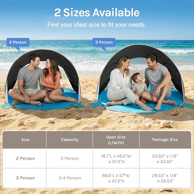 Wolfwise Pop up Beach Tent Sun Shelter with UPF50+ UV Protection, Instant Easy Setup Popup Beach Shade Canopy for 3 Person, Portable & Foldable with Carring Bag, 87 ×57×47 in, Black Coating