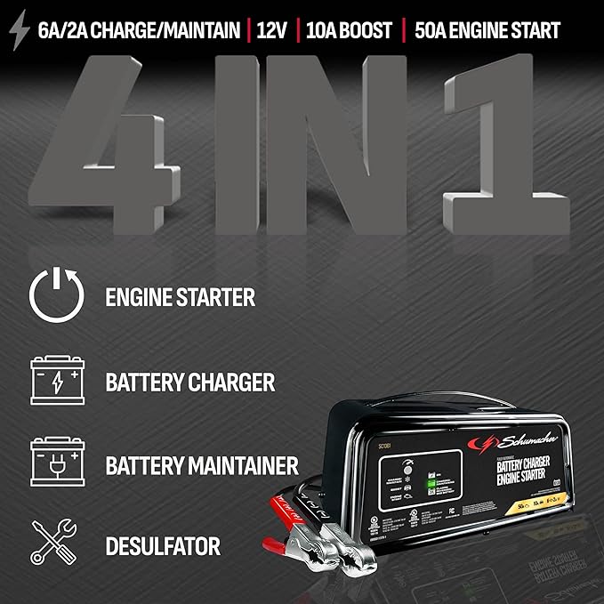 Schumacher Electric 6A Car Battery Charger and 50A Engine Starter, 4-in-1 Solution, Maintainer, 10A Boost, for 12V Power Sport, Automotive, and Marine Batteries, SC1361