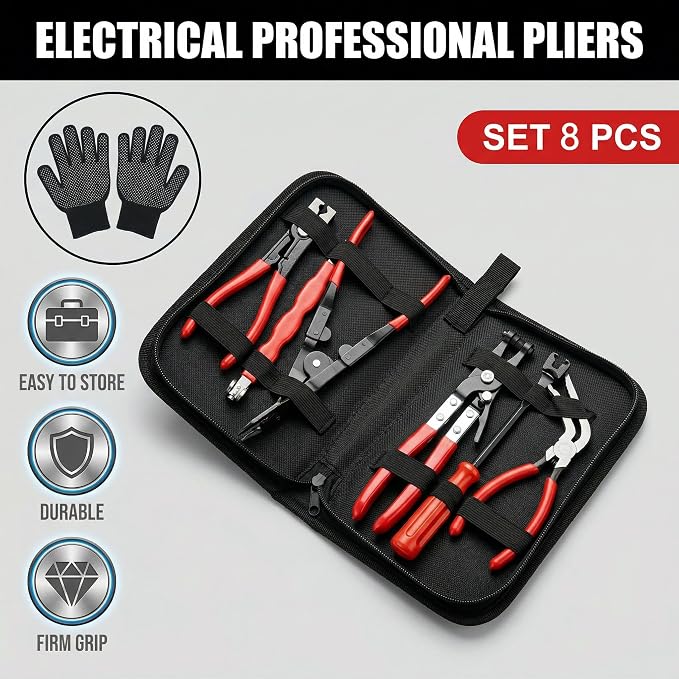 8 Pcs Automotive Electrical Disconnect Pliers Kit w/Gloves - High-Carbon Steel Connector Separator, Hose Clamp & Trim Clip Removal Tools for Auto Repair,Automotive Repair Tool Kit