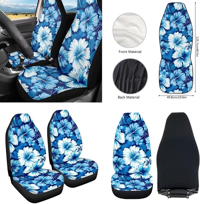 Howilath Blue Hibiscus Flower Car Front Seat Cover 10 Pack Auto Accessories with Center Console Cover+Steering Wheel Cover+Seatbelt Pads+Keychain+Coasters Fit Most Vehicle