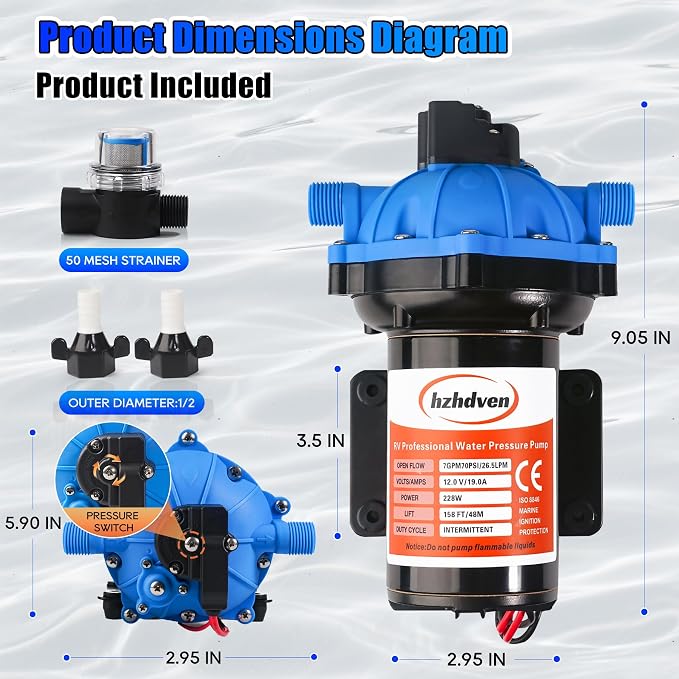 Upgraded 12V RV Water Pump, 7GPM 70PSI, Five Chamber Self-Priming Diaphragm 12V DC RV Fresh Pump with Heavy Duty Pressure Switch & Strainer for Marine, Yacht, Caravan, Camper