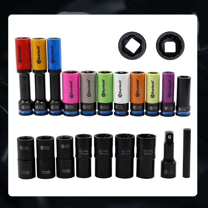 Kuntech 20Psc 1/2" Drive Lug Nut Socket Set Color Coded by Size, Thin Wall Non-Marring 6-Point Impact Lug Extractor Kit, Rugged Construction, Flip Turbo Socket Set with a Storage Cage