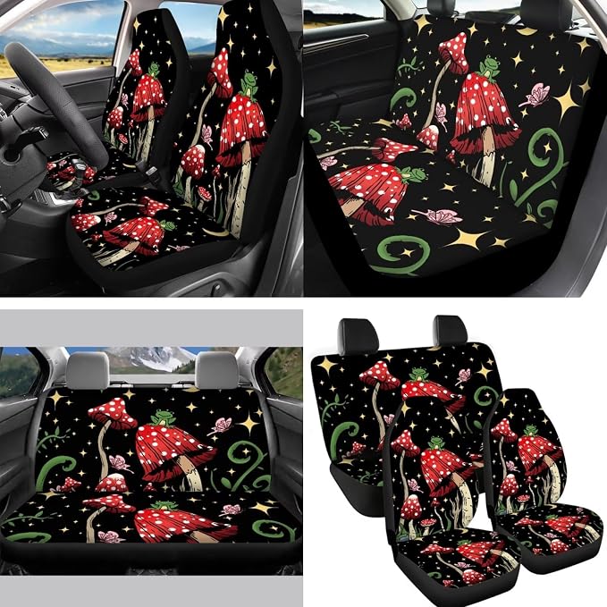 Set of 14 Cute Mushrooms Frog Car Seat Covers Full Set Forest Mushroom Car Seat Covers+Mushroom Steering Wheel+ Coasters+Keychain Mirror Cover+Auto Interior Accessory Protector