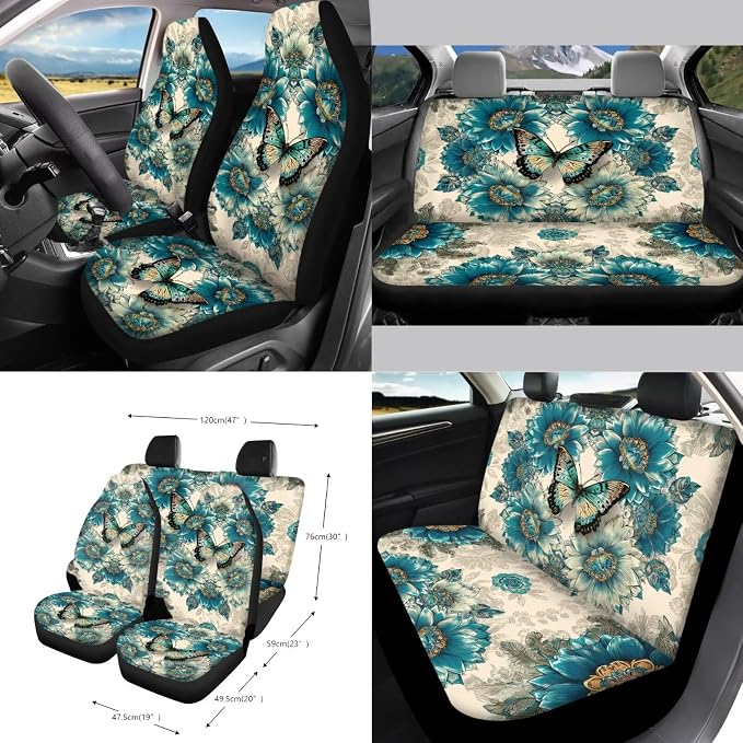 Butterfly Flower Print Auto Seat Covers Full Set for Women Dust-Proof Decorative Car Seat Cover for Front Back Seats with Steering Wheel Protector Safety Belt Pads etc