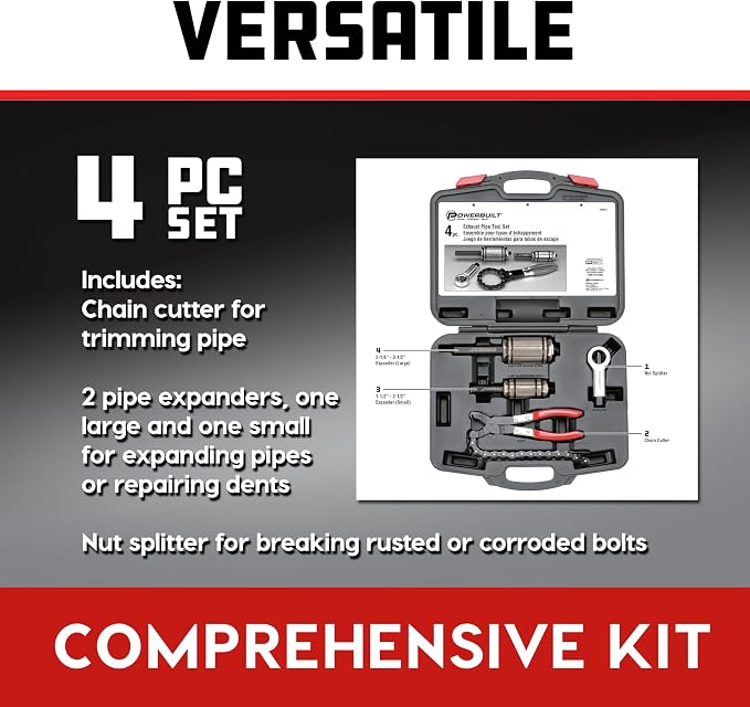 Powerbuilt 4 Piece Exhaust Pipe Tool Set, Repair Tailpipes, Expanders, Removing Dents, Chain Cutter, Nut Splitter, Import and Domestic Vehicles 648612