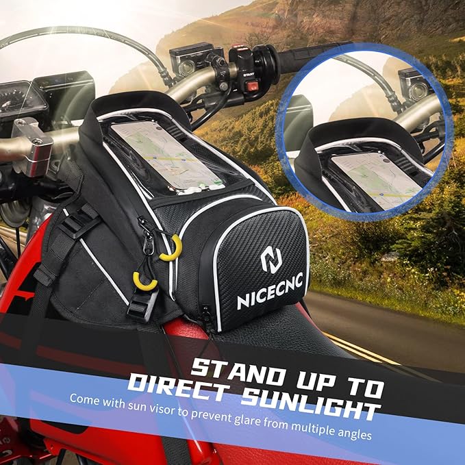 NICECNC Motorcycle Gas Tank Bag Magnetic, 6 Magnets & 5 Straps Reinforced, Detachable Anti-slip Base Portable, Dirt Bike Tank Bag Storage Bag Muti-functions for Men Women Cycling Hiking Camping, Black