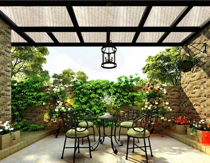 Shatex 90% Sun Shade Fabric, 6x8ft Sun-Block Net Mesh Shade with Clips for Pergola Cover Porch Vertical Screen, Beige