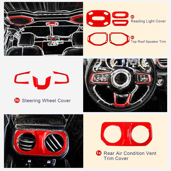 21PCS Full Set Interior Decoration Trim Kit Compatible with Jeep Wrangler JL JLU & Gladiator JT 2018-2021,Steering Wheel,Reading Light,Air Conditioning Vent,Headlight Switch,Speaker Covers(Red)