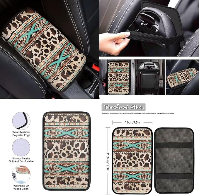 Aztec Cow Print Car Seat Covers Full Set 12 Pack Car Steering Wheel Cover Auto Seat Belt Cover Center Console Cover Cars Coasters Gear Lever Cover for Most Cars, SUVs