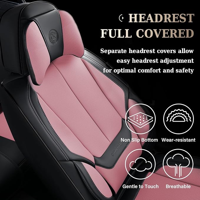 Coverado Universal Seat Covers Full Set, 5 Seats Universal Seat Covers for Cars, Waterproof Nappa Leather Car Seat Covers with Head Pillow, Auto Protectors Fit for Most Pick-up Truck, Black&Pink