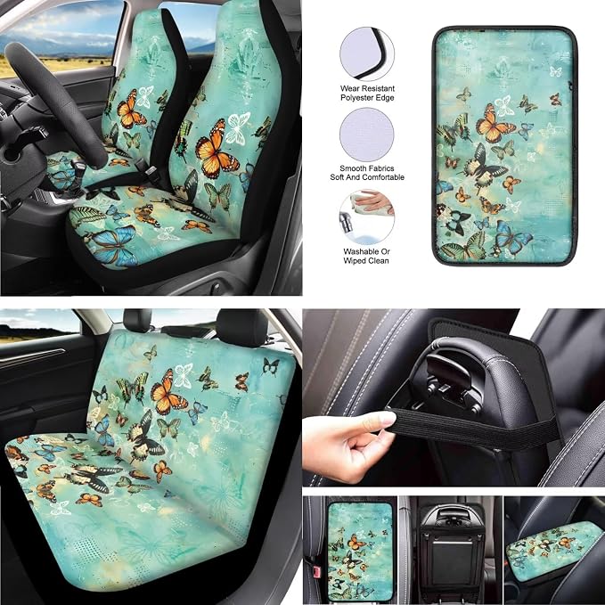 Butterfly 13 Pcs Seat Covers Full Set Realistic Monarch Butterfly Pattern Non Slip and Soft Headrest Cover Car Sage Green Insect Cup Pad Fit for Car,Truck,Van,SUV