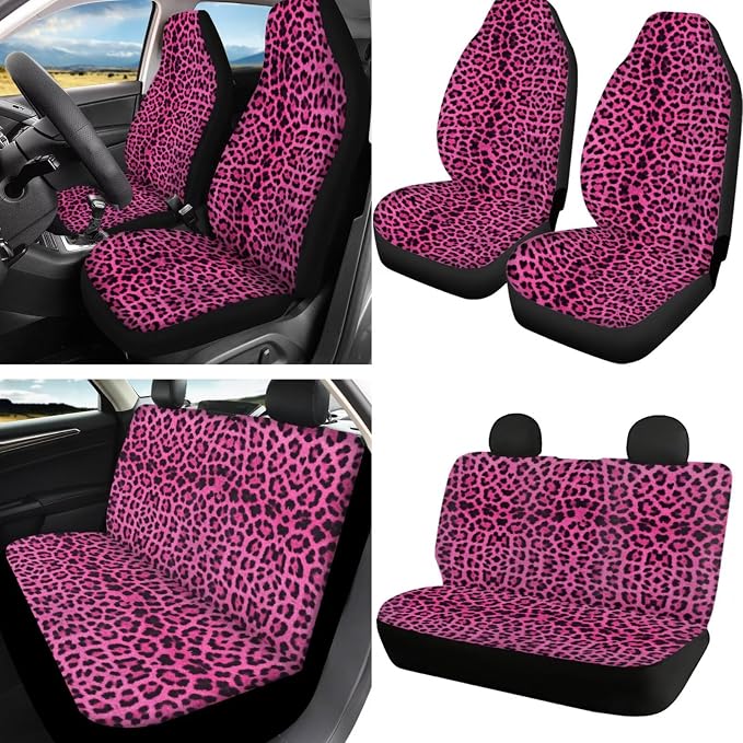 Howilath Universal Fit Pink Leopard Print Car Seat Cushion Cover with Steering Wheel Protector/Seat Belt Shoulder Pads/Keychains/Coasters Set of 13 Auto Accessories