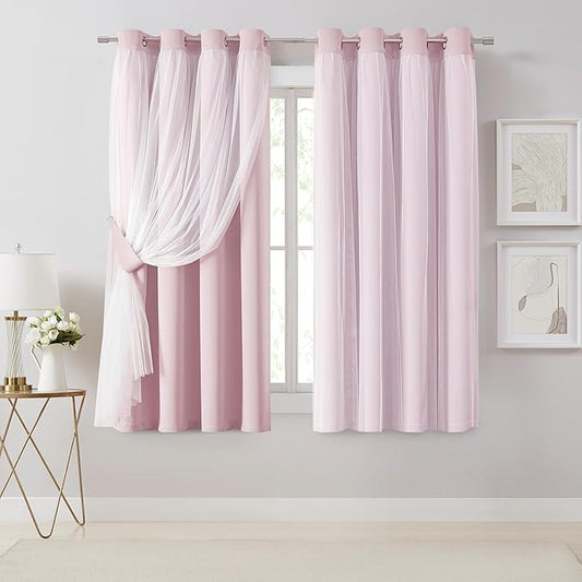 Bujasso Pink Blackout Curtains with Sheer Overlay Mix and Match Double Layer 80% Room Darkening Window Treatment Set for Girls Bedroom Living Room Pink Drapes with Tiebacks Grommet Top 54" Wx63 Lx2