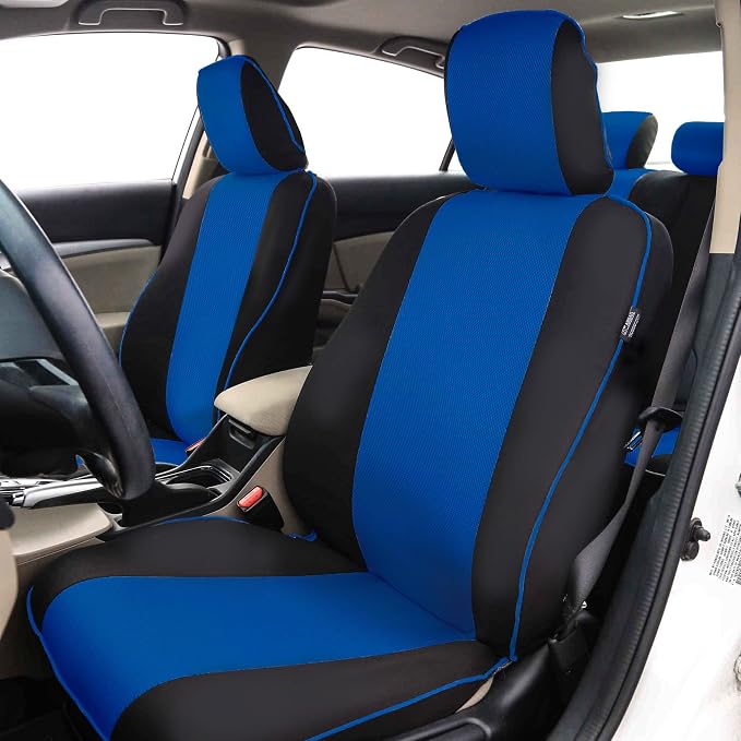 FH Group Automotive Seat Covers Edgy Piping Seat Covers Full Blue Set Interior Accessories,Universal Fit Combo Vinyl Floor Mats Seat Covers Car for Cars and Vans Airbag and Split Rear Automotive