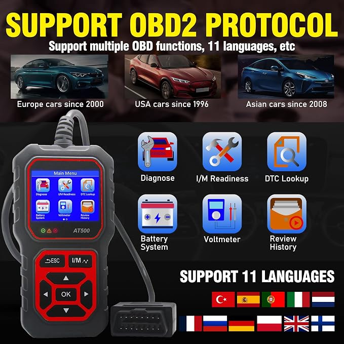 AT500 Car OBD2 Scanner Code Reader Engine Fault Code Reader Professional Diagnostic Tool Check Engine Light Scan Tool for OBD II Protocol Cars Since 1996