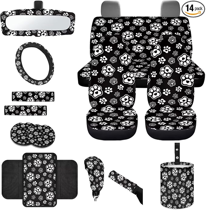 Dog Paw Print Car Seat Covers Front and Back Full Set with Steering Wheel Cover Armrest Cushion Safety Belt Pads Inside Rearview Mirror Cover Trash Bin, Universal Fits